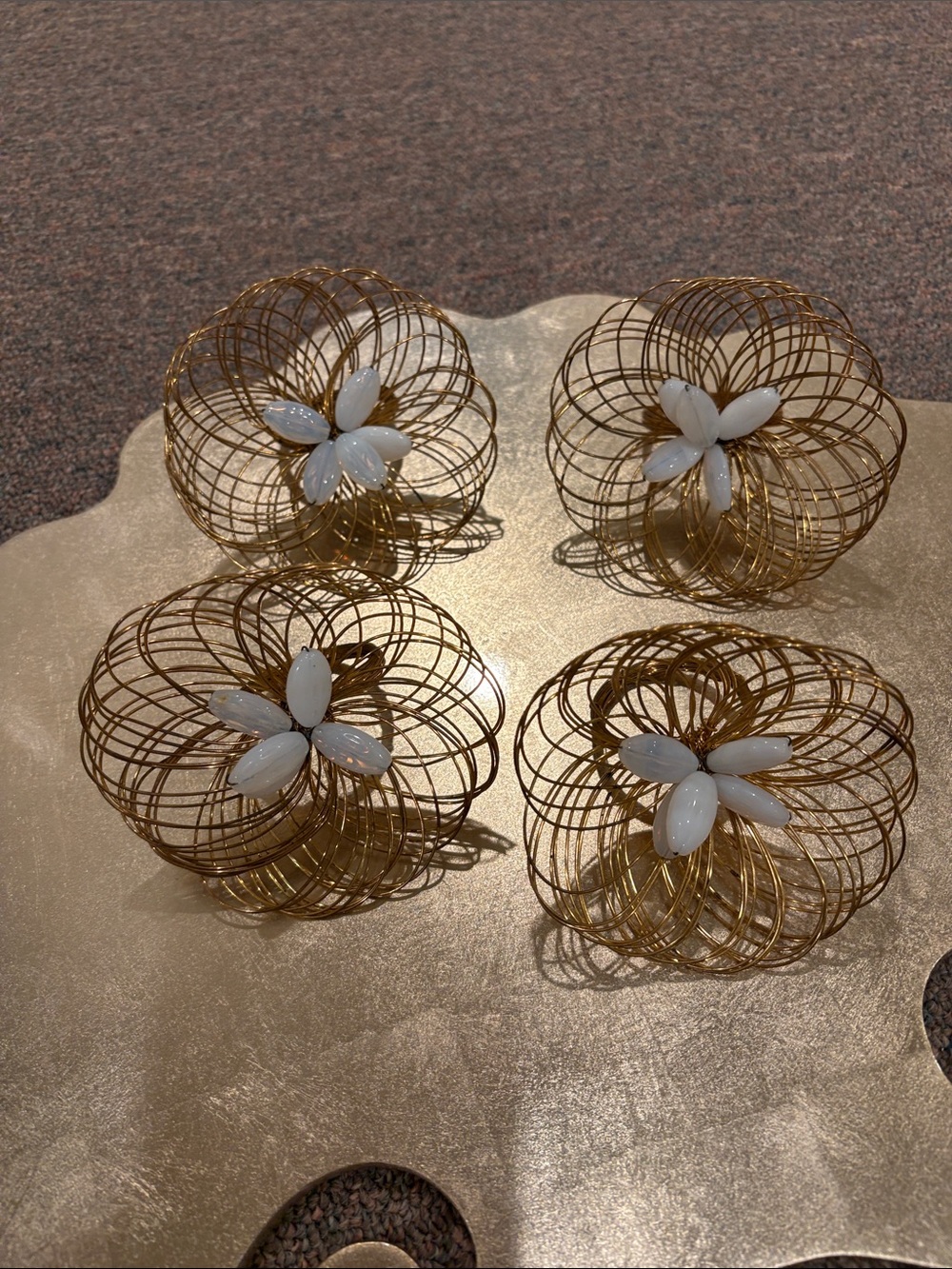 Kim Seybert Gold Floral Wire Napkin Rings with White Petal Centers